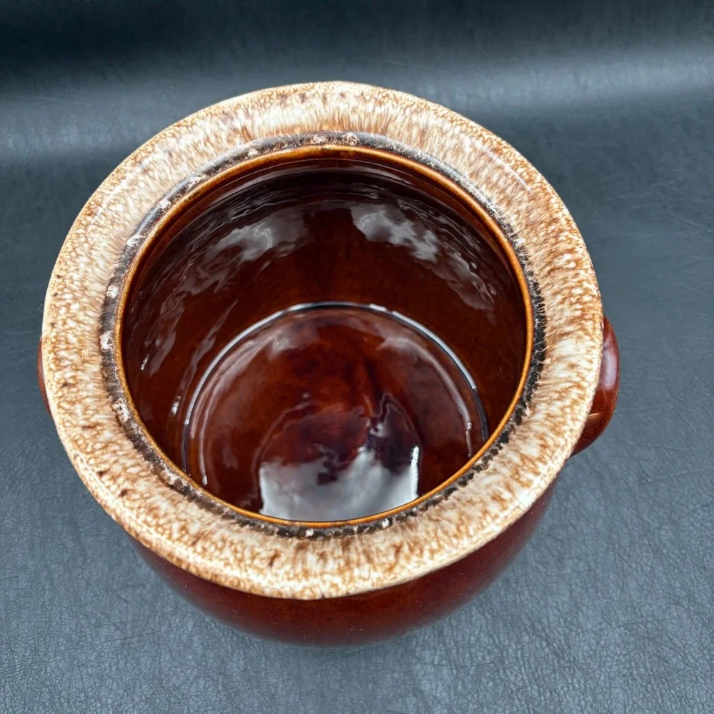 Vintage Hull Pottery Mirror Brown Drip Glaze Bean Pot with Lid Oven Proof USA